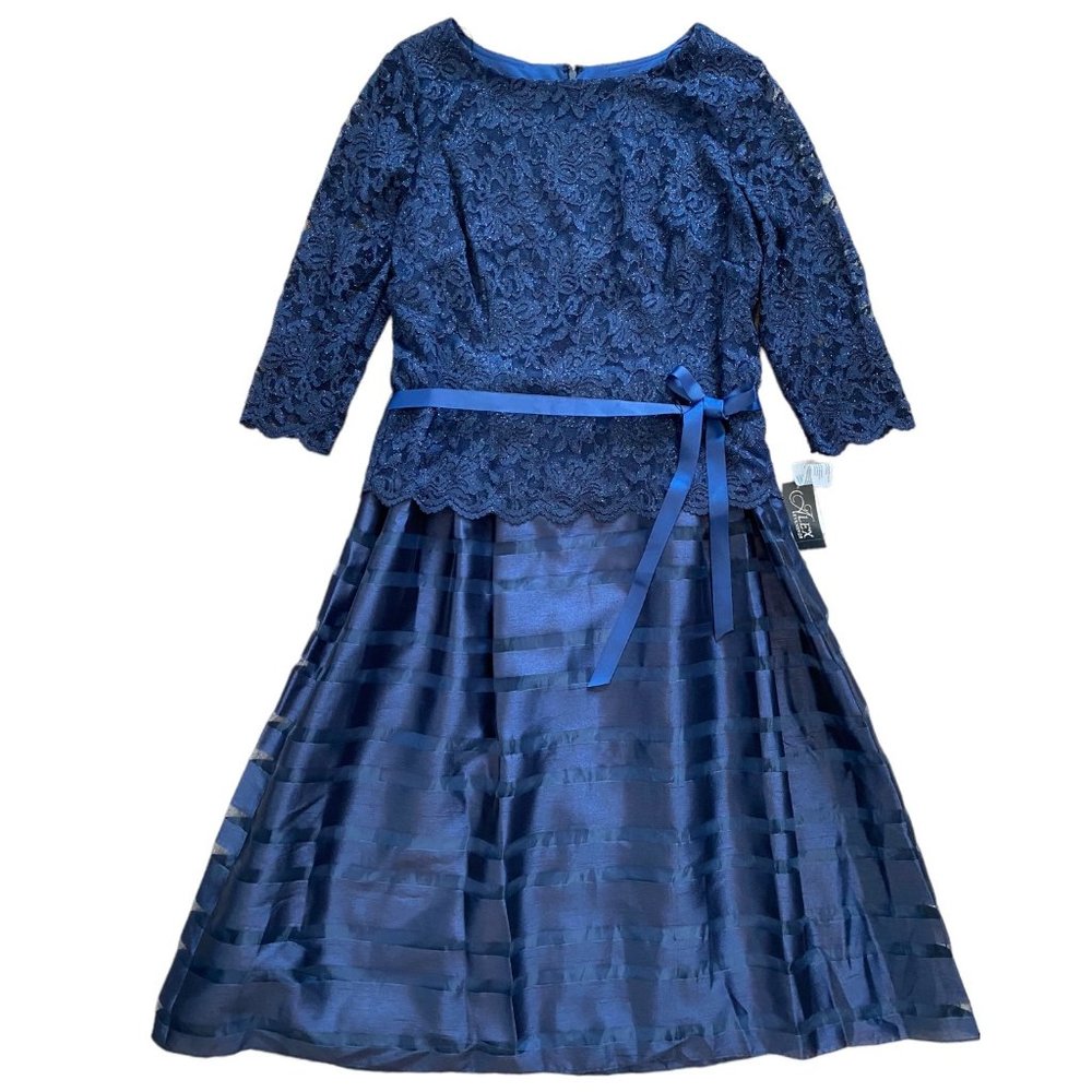 Alex Evenings Women's Navy Blue Lace & Striped Fit & Flare Tea Length Dress 18